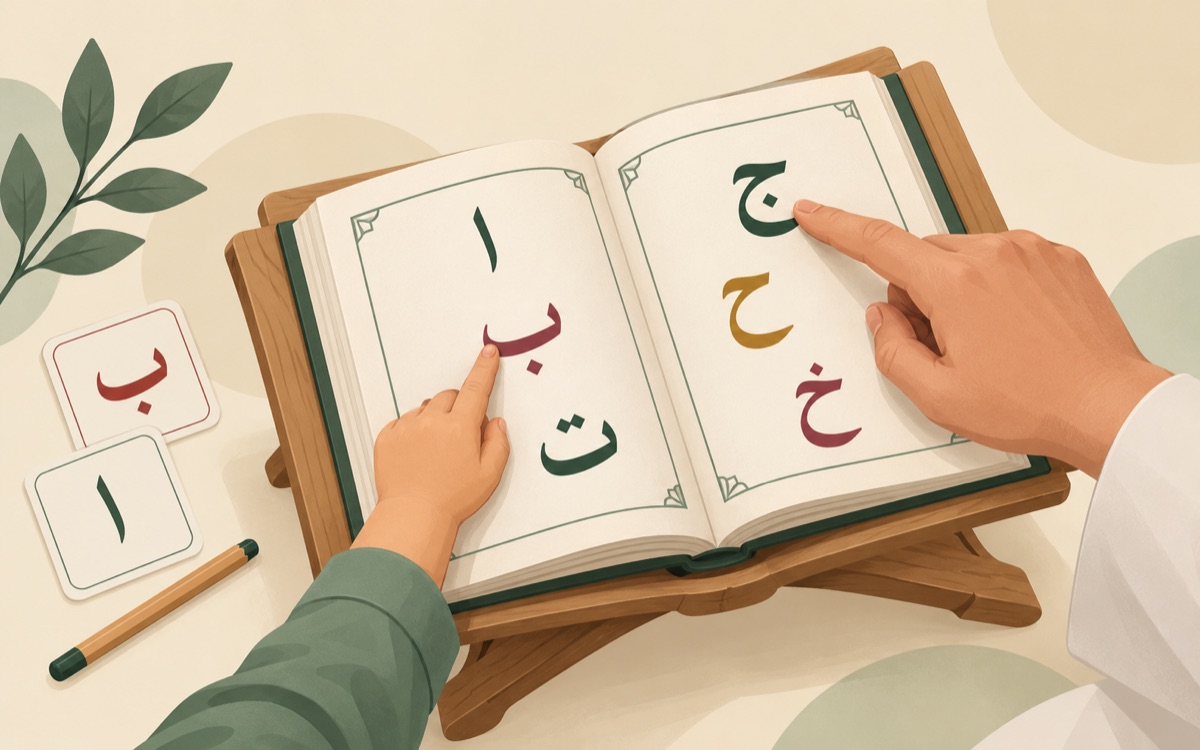 Illustration of a child and parent pointing to Arabic letters in an open learning book