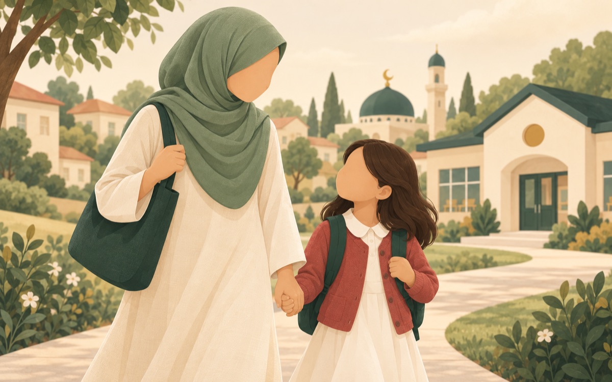 A Muslim mother and daughter walking to school through a welcoming leafy neighborhood